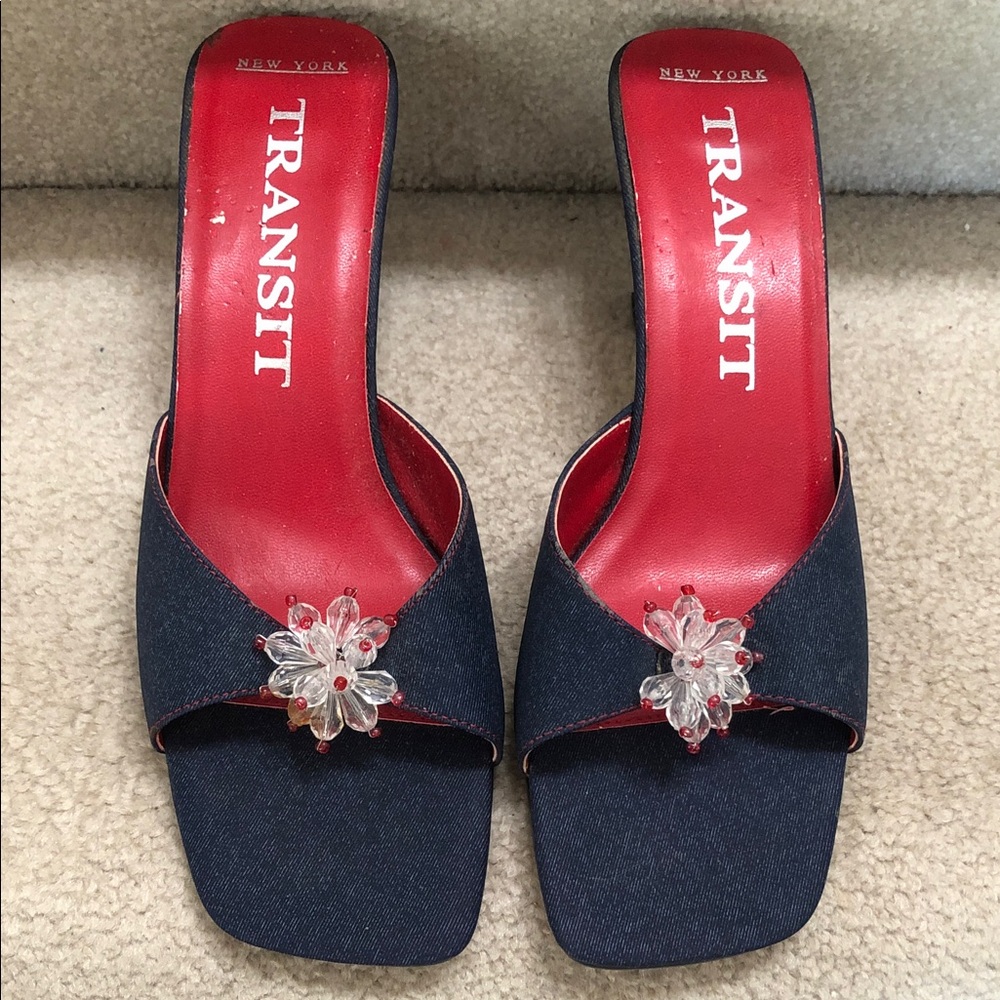 NY Transit navy  denim heels with plastic floral adornment